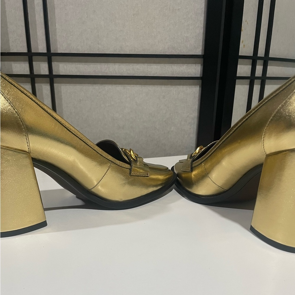 Women's Size 8 Franco Sarto Miri Loafer Gold Block High Heel Pump Shoes - Picture 5 of 12